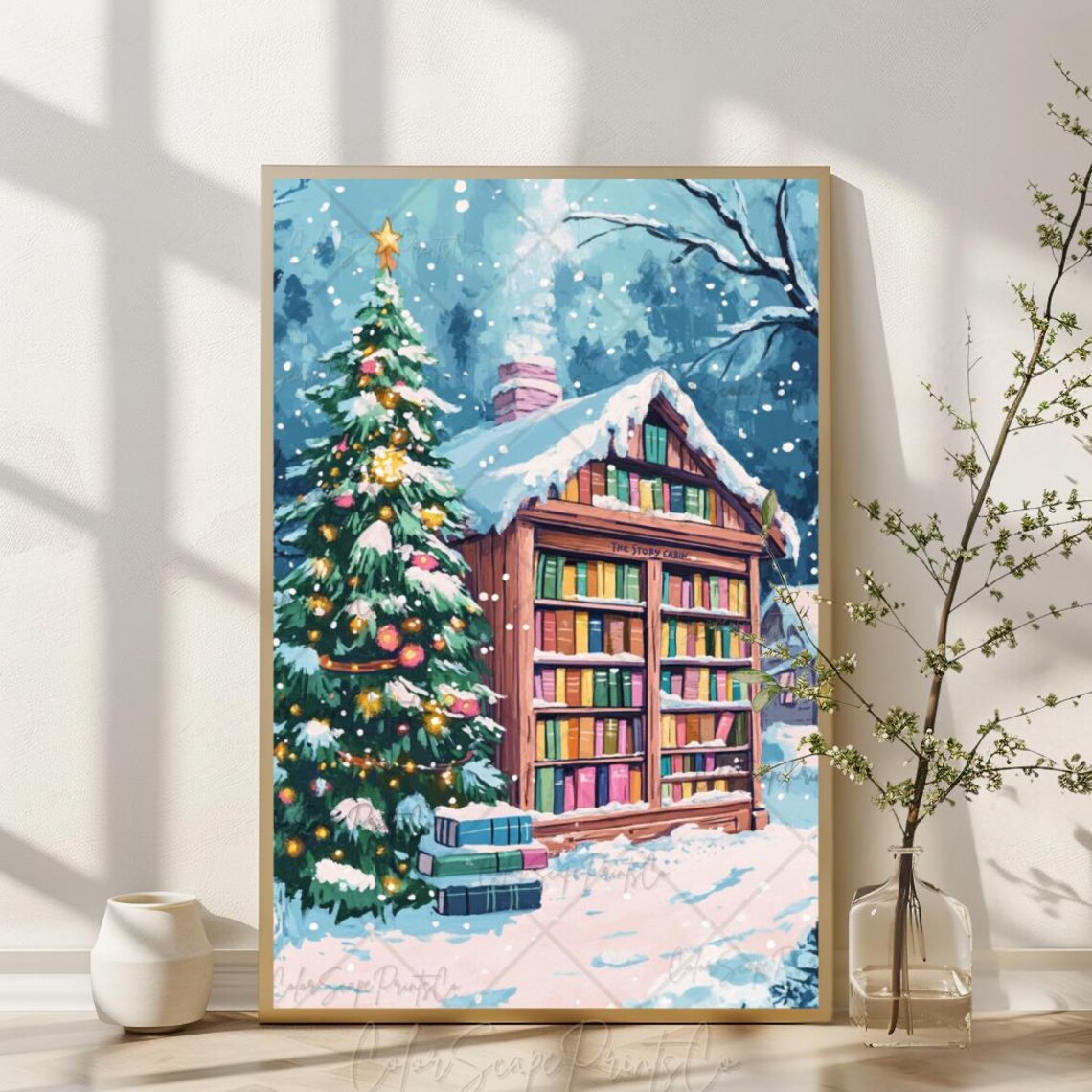 The Story Cabin Filled with Books in Snow with Christmas Tree Poster - Image 3