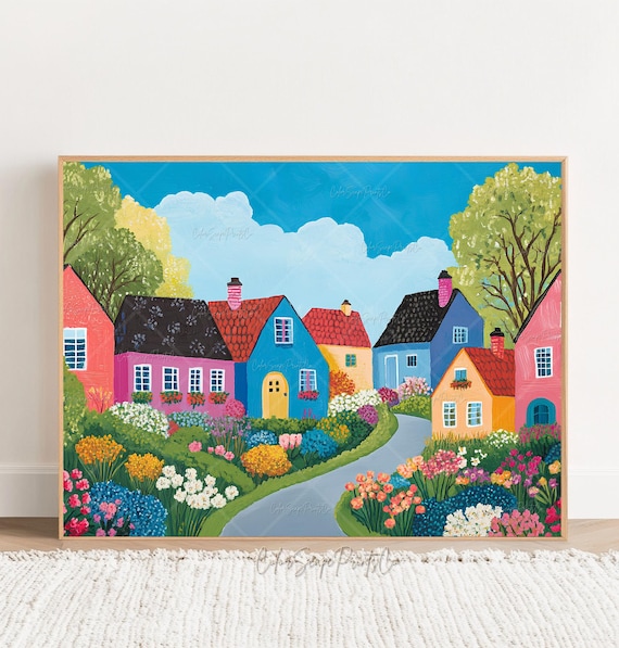 Colorful Houses Print Spring Village Landscape Painting Whimsical Summer Vibrant Scenery Nursery