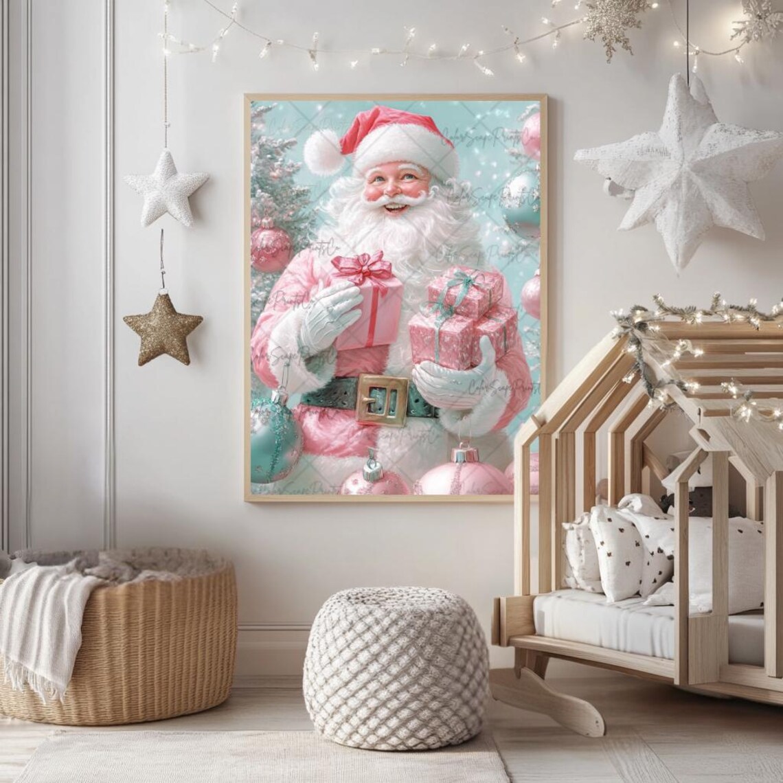 Jolly Pink Santa Claus With Gifts Pastel Christmas Decor Poster - Image 4