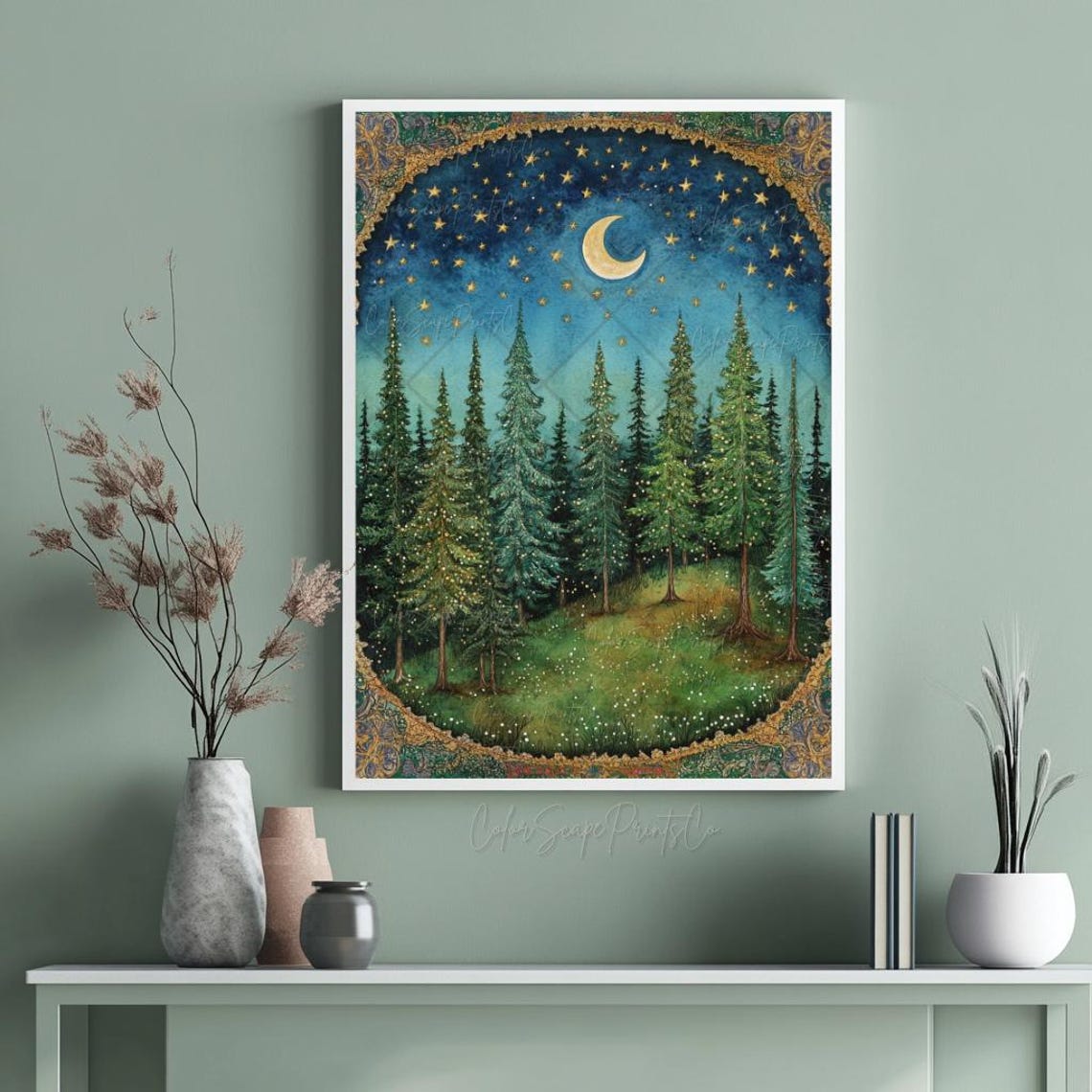 Night Forest Crescent Moon Stars Ornate Gold Arch Border Poster - Image 3