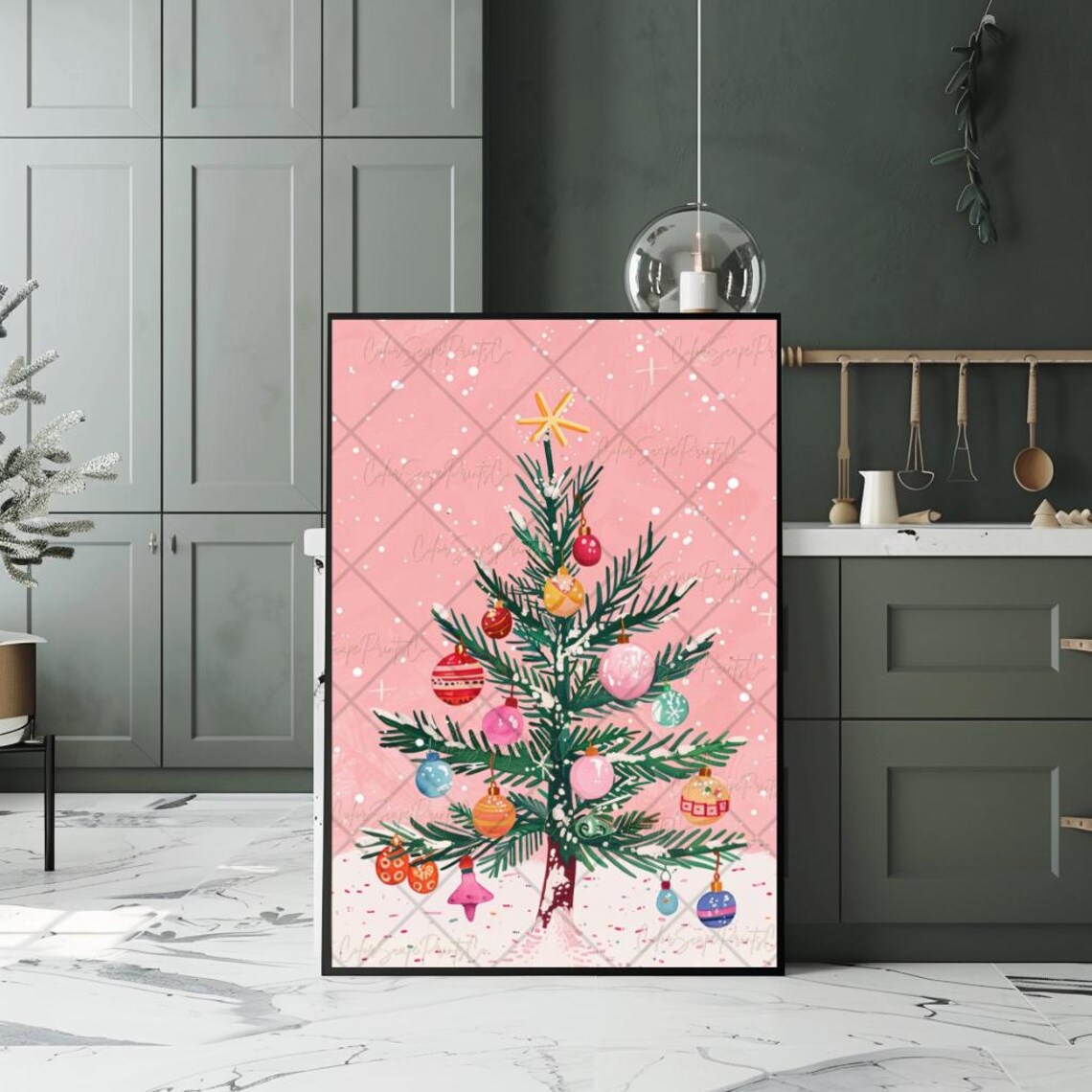 Pink Christmas Tree Colorful Ornaments Holiday Watercolor Poster - Image 3