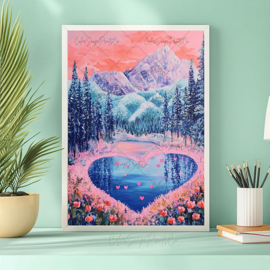 Heart Shaped Lake at Pink Sunset Romantic Mountain Landscape Poster - Image 4