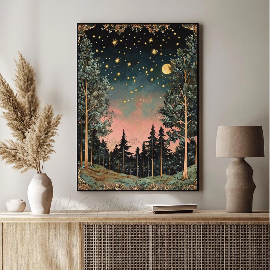 Moon and Stars Dark Forest Vintage Landscape Art Print - Image 3