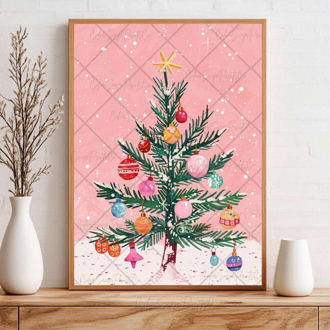 Pink Christmas Tree Colorful Ornaments Holiday Watercolor Poster - Image 4