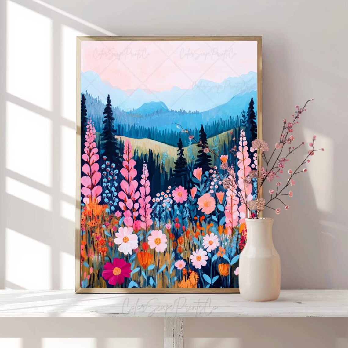 Abstract Mountain Painting, Wildflower Landscape Art Print - Image 4
