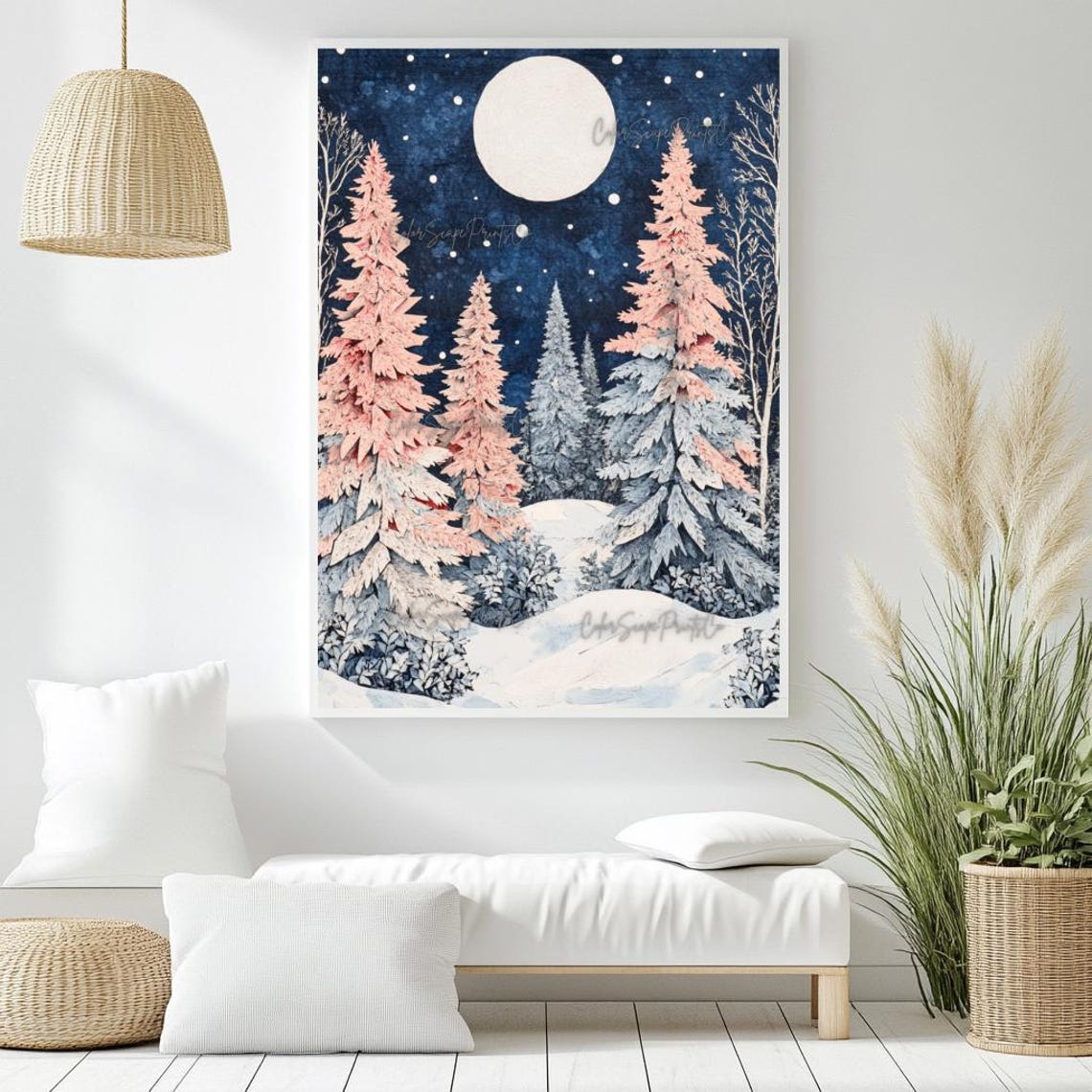 Pink Pine Trees Moonlit Snowy Forest Night Christmas Art Poster - Image 4