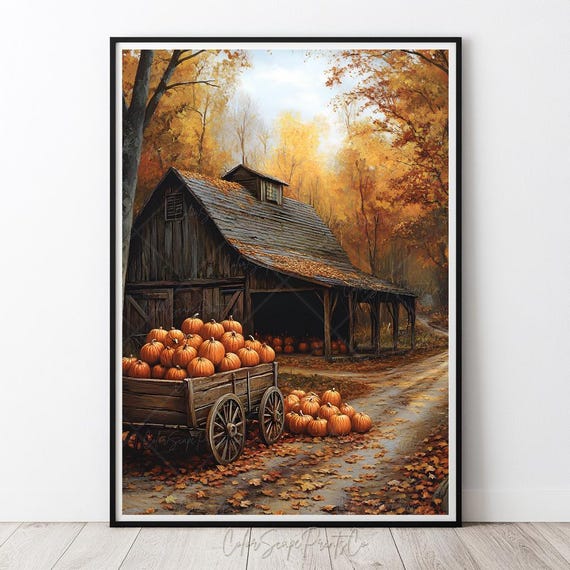 Rustic Autumn Farm Print Red Barn Pumpkin Wagon