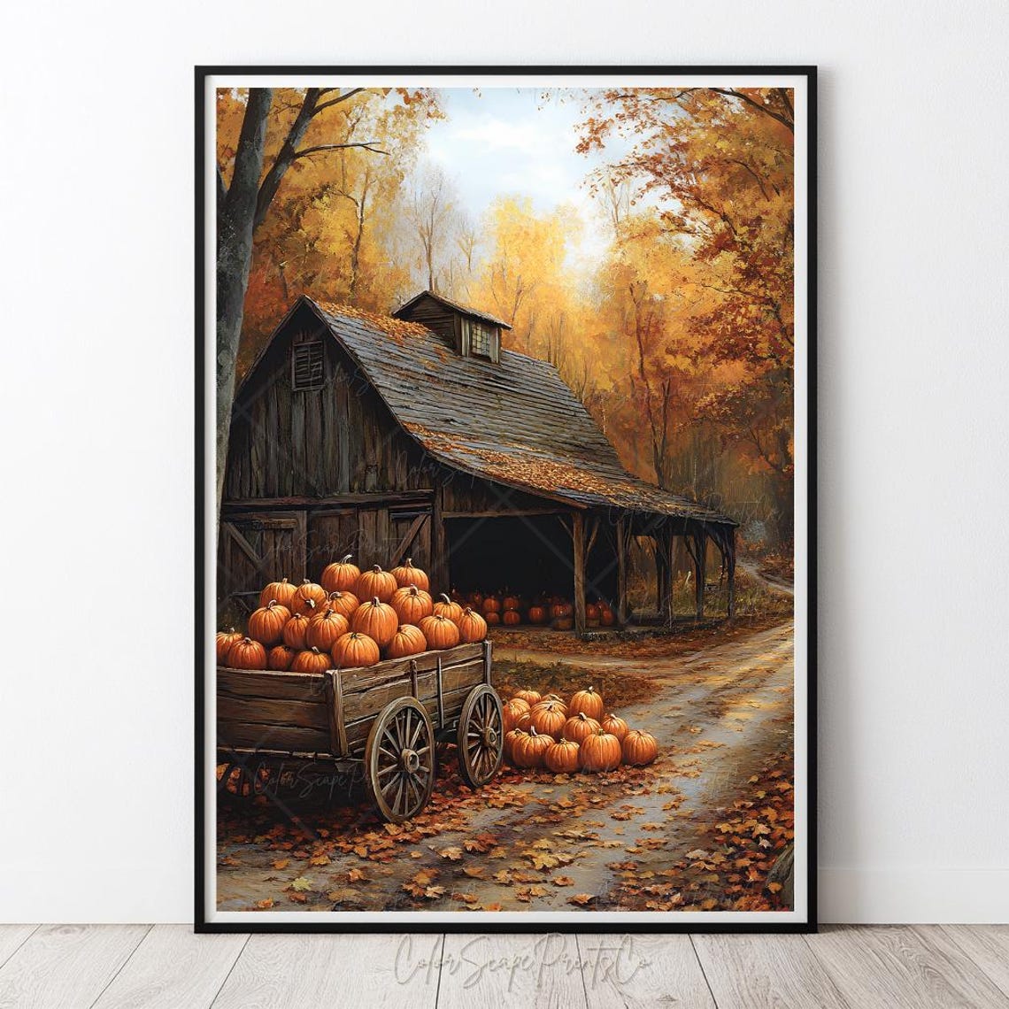Rustic Autumn Farm Print Red Barn Pumpkin Wagon