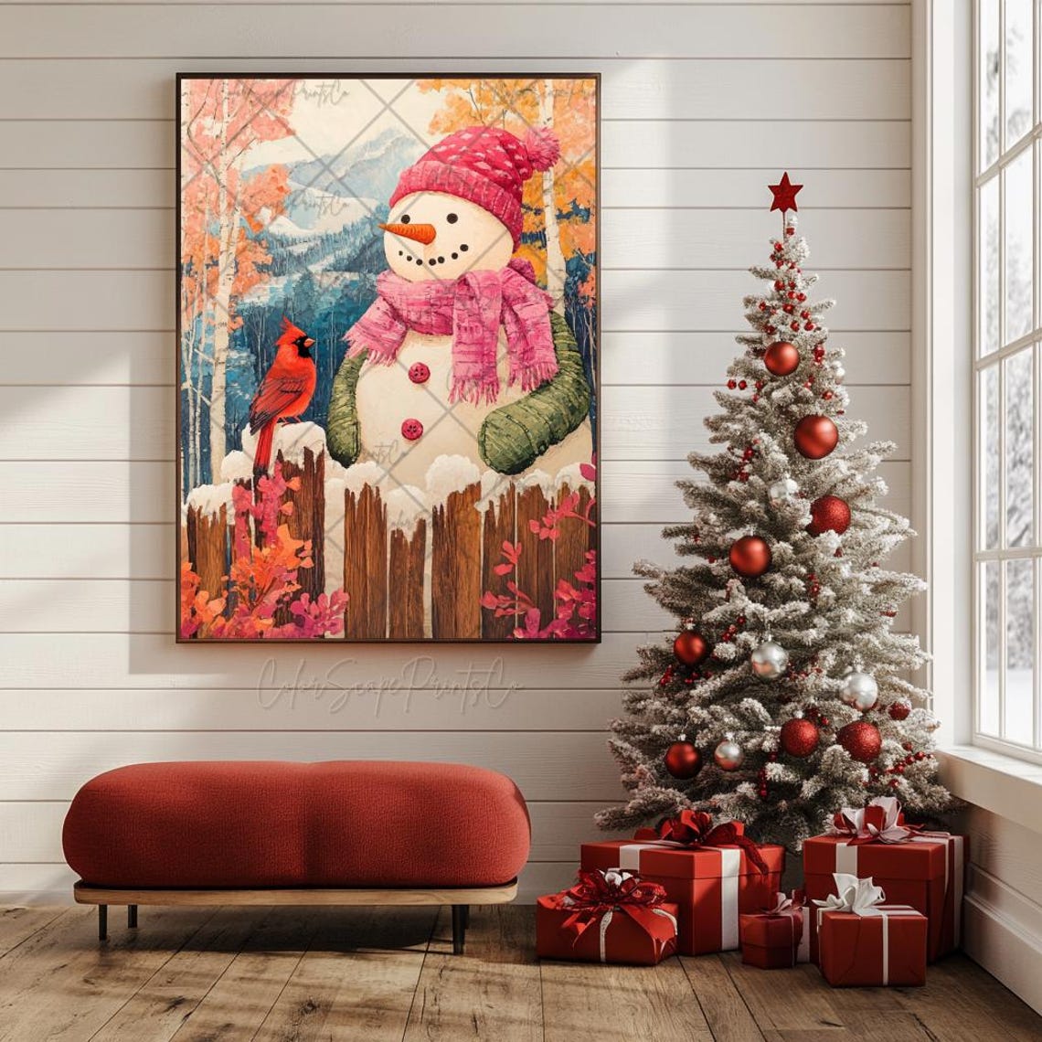 Snowman and Red Cardinal Pink Hat Snowy Mountain Fence Poster - Image 4
