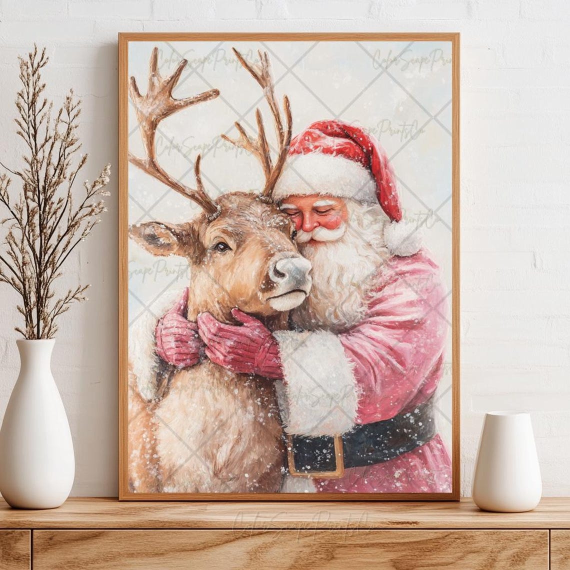 Santa Claus And Reindeer Print Pink Santa Claus Painting Christmas Snowy Landscape Print Christmas Holiday Decor Christmas Nursery - Image 2