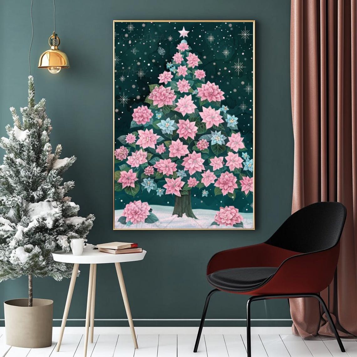 Pink Floral Christmas Tree Poinsettia Blooms Night Sky Poster - Image 4