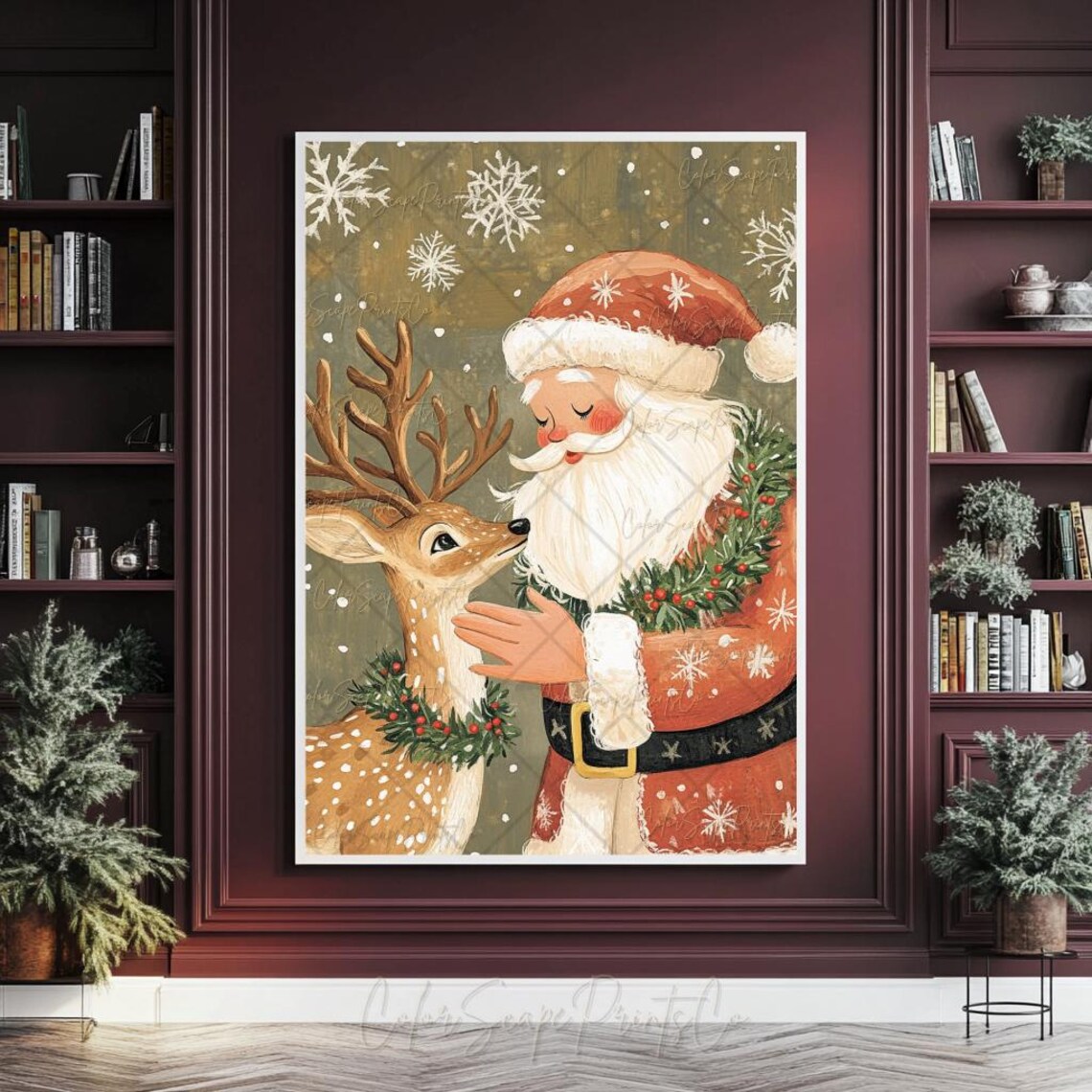 Santa Claus and Reindeer Nose to Nose Snowy Christmas Moment Poster - Image 3
