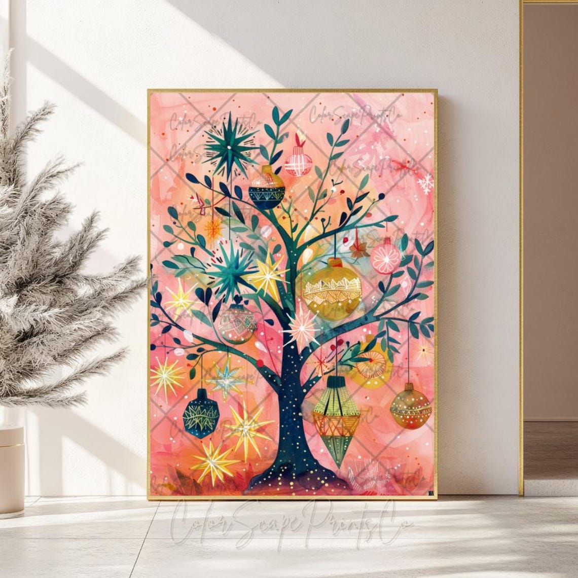 Whimsical Christmas Tree With Ornaments Pink Watercolor Poster - Image 2