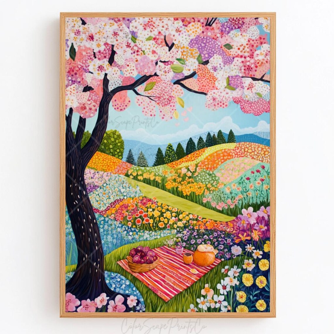 Cherry Blossom Picnic Spring Meadow Colorful Landscape Poster