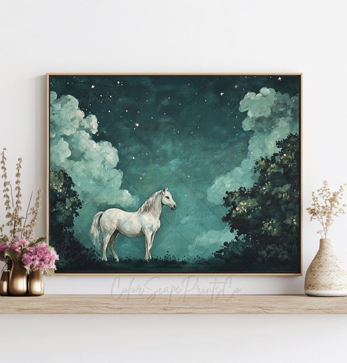 Horse Wall Art Vintage Horse Print Farmhouse Wall Art Night Sky Print Night Landscape Moon And Star Art Dark Green Wall Art Horse Lover Gift - Image 3