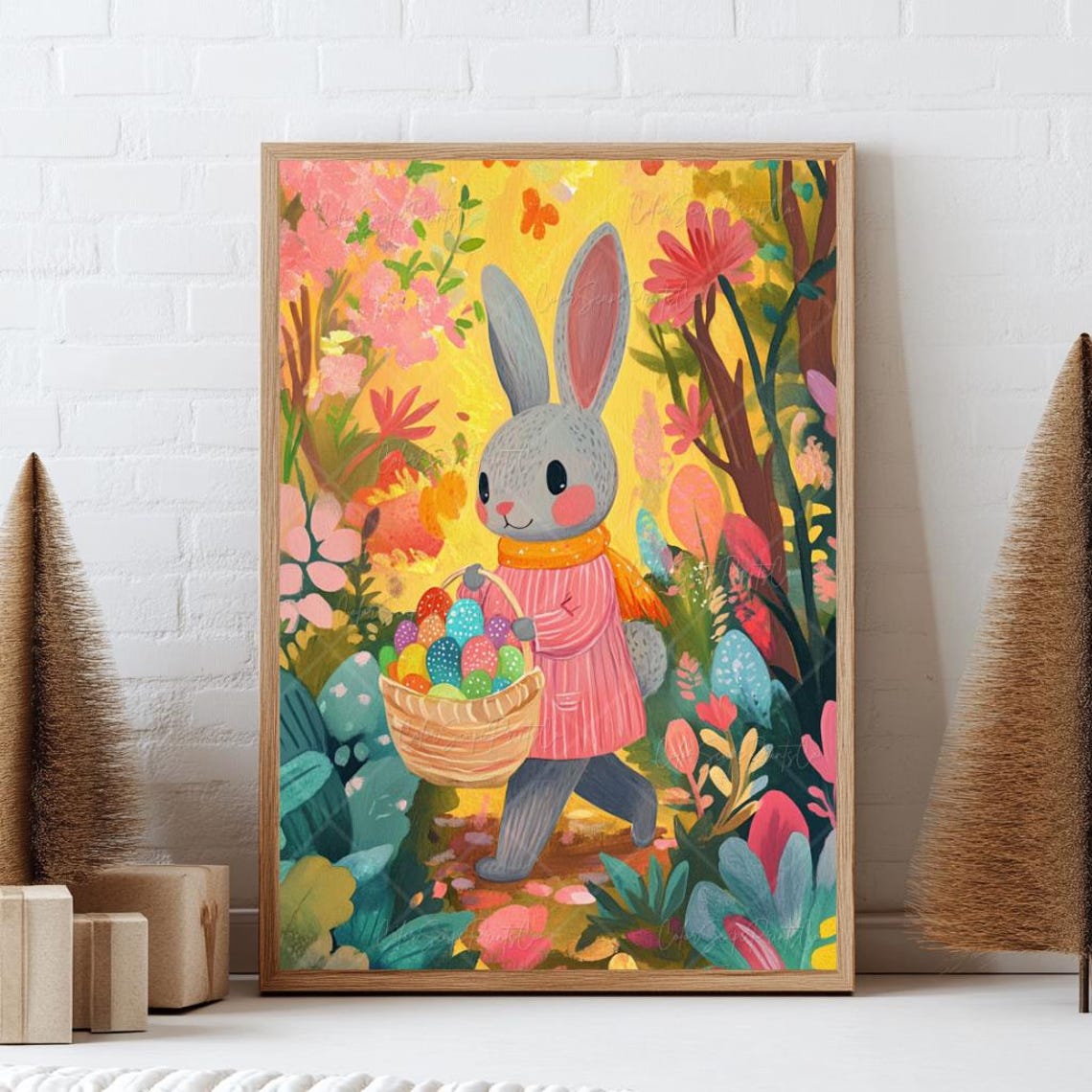 Cute Easter Bunny With Egg Painting Easter Bunny Print Colorful Spring Garden Print Easter Nursery Wall Art Rabbit Painting Spring Landscape - Image 3