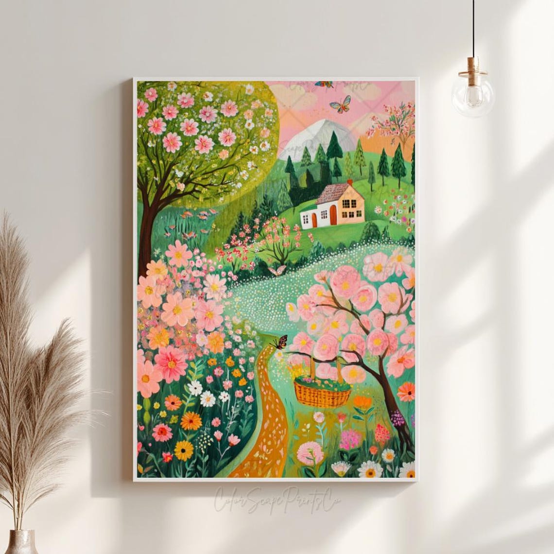 Hilltop Cottage Garden Painting Pink Blossom Spring Landscape Poster - Image 3