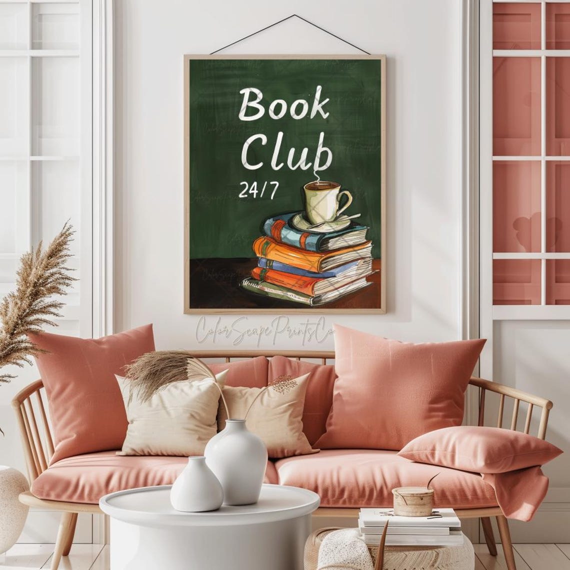 Book Club 24-7 Reading Chalkboard Art Books and Coffee Cup Poster - Image 3