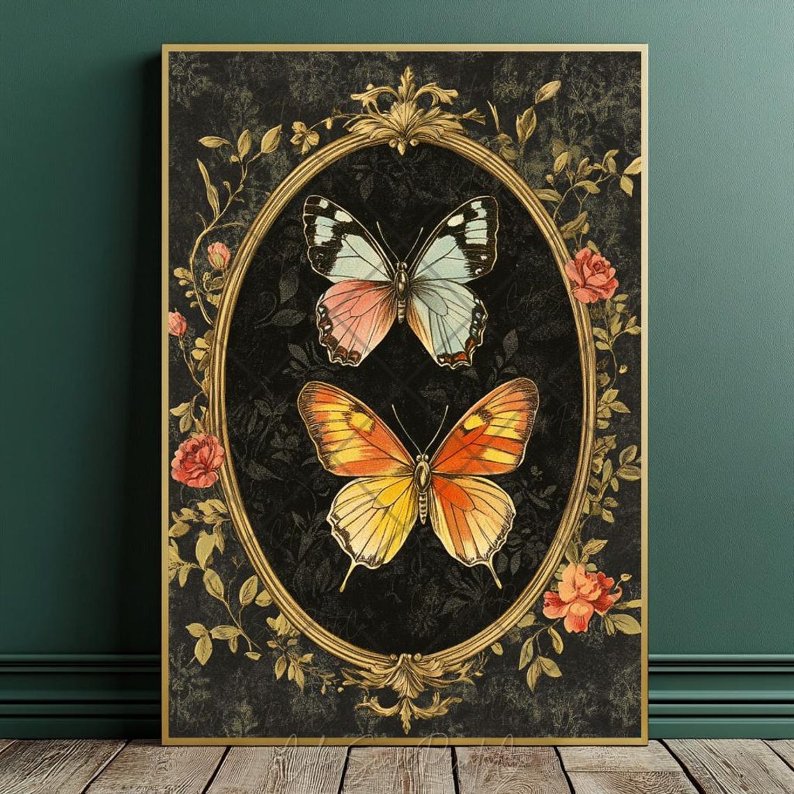 Butterfly Painting Butterfly Wall Art Antique Moth Wall Art Colorful Butterflies Art Dark Moody Insect Flower Butterflies Painting - Image 4