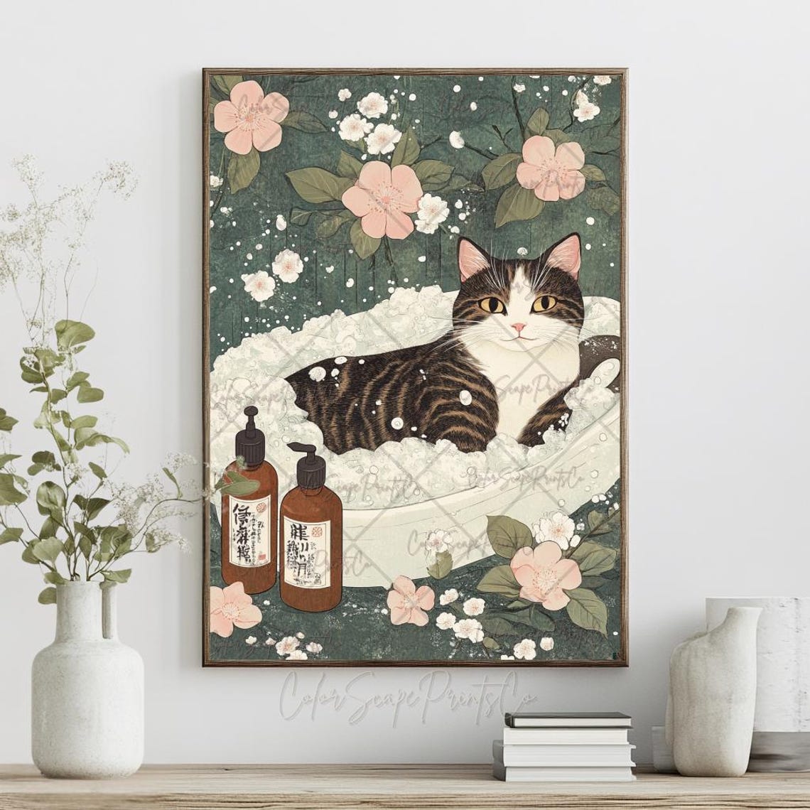 Tabby Cat Bubble Bath With Cherry Blossoms Relaxing Spa Art Poster - Image 2