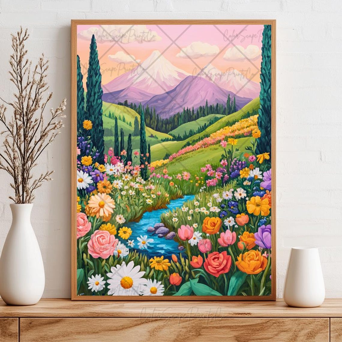 Wildflower Meadow Mountain Valley Stream Scenic Landscape Poster - Image 3