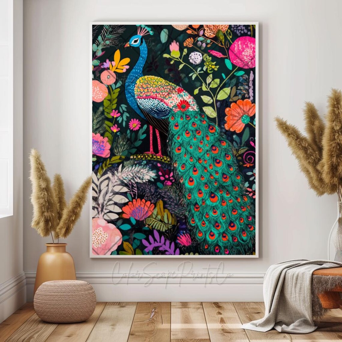 Peacock Painting, Colorful Floral Peacock Print - Image 3