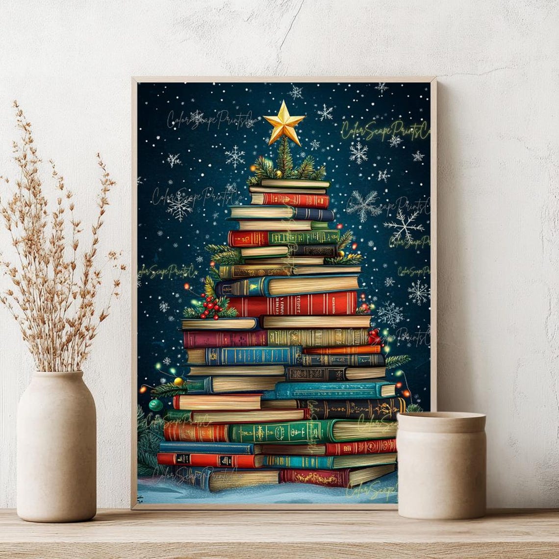 Vintage Book Stack Christmas Tree Gold Star Night Library Poster - Image 3