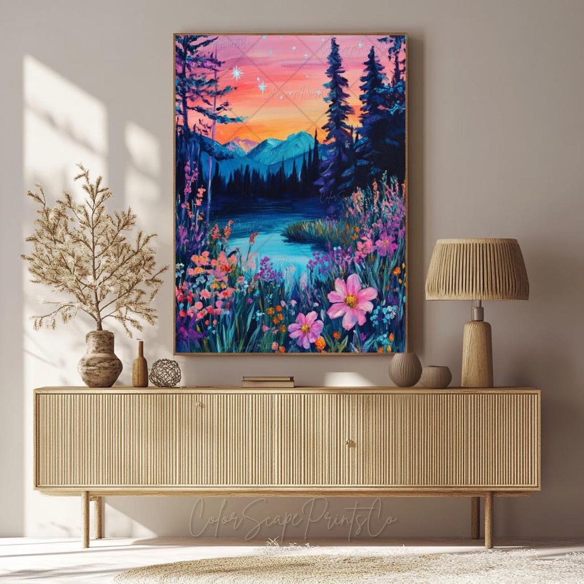 Wildflower Meadow Sunrise Over Mountains Colorful Nature Poster - Image 3
