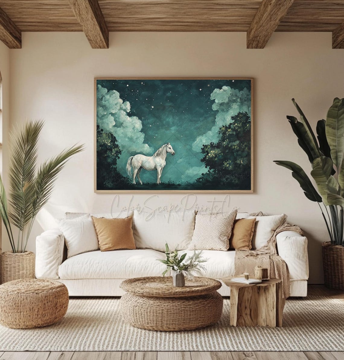Horse Wall Art Vintage Horse Print Farmhouse Wall Art Night Sky Print Night Landscape Moon And Star Art Dark Green Wall Art Horse Lover Gift - Image 2