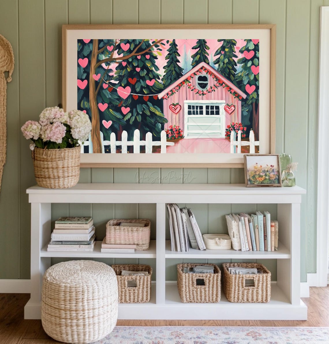 Valentines Pink Cabin with Hearts and White Picket Fence Poster - Image 3