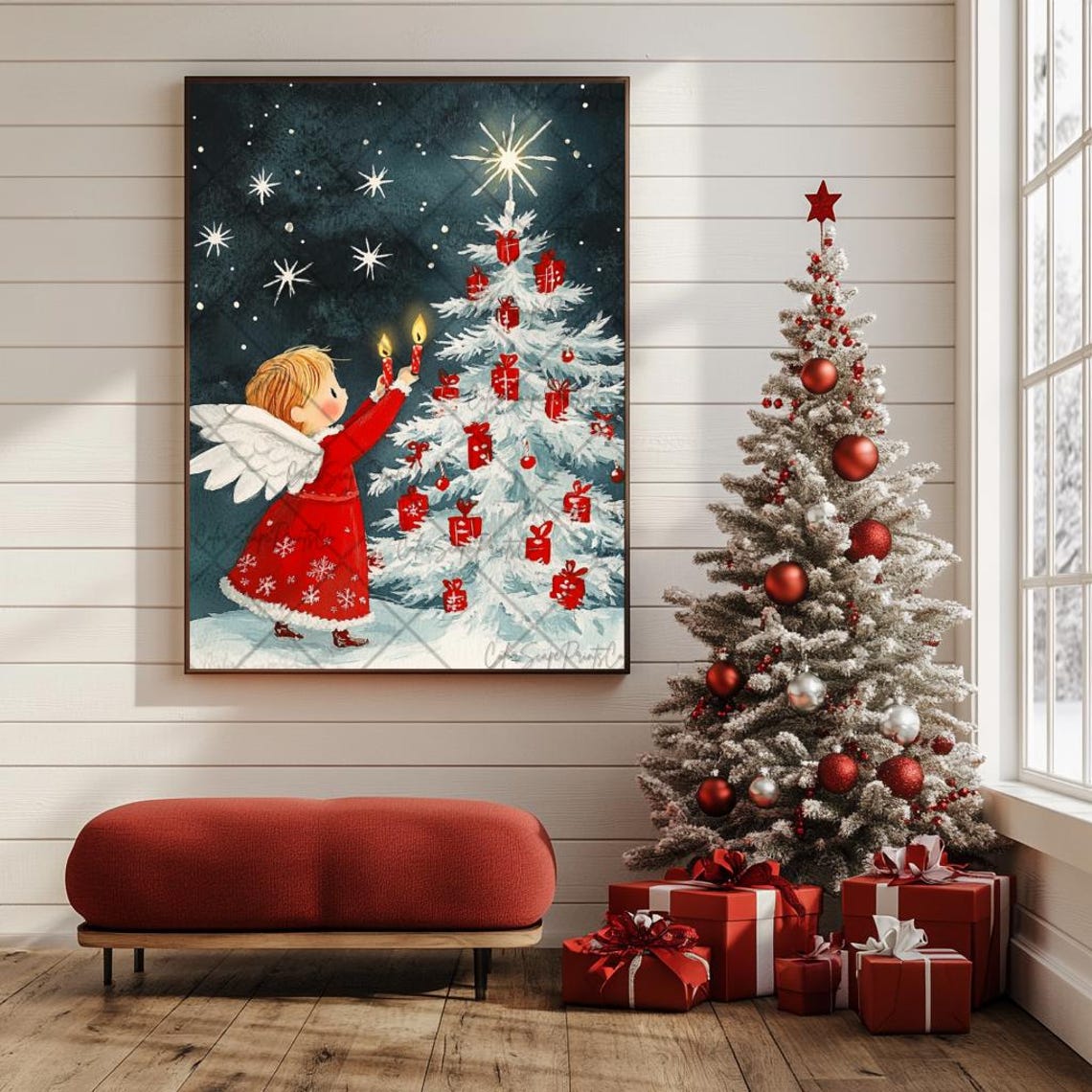 Christmas Angel Lighting Candles on Snowy White Tree Night Sky Poster - Image 2