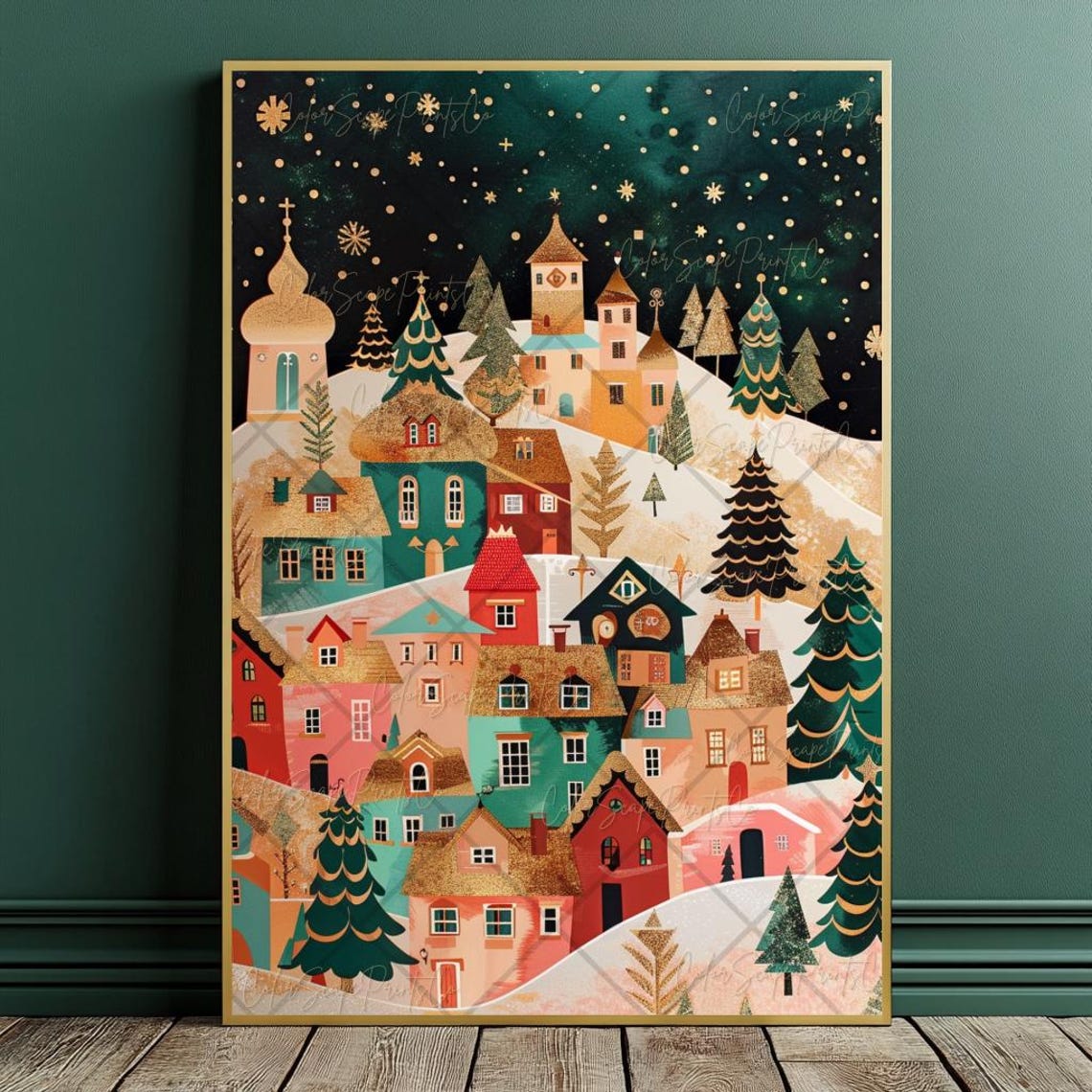 Colorful Christmas House Print Christmas Village Art Winter Wonderland Painting Starry Christmas Night Festive Illustration Holiday Wall Art - Image 2