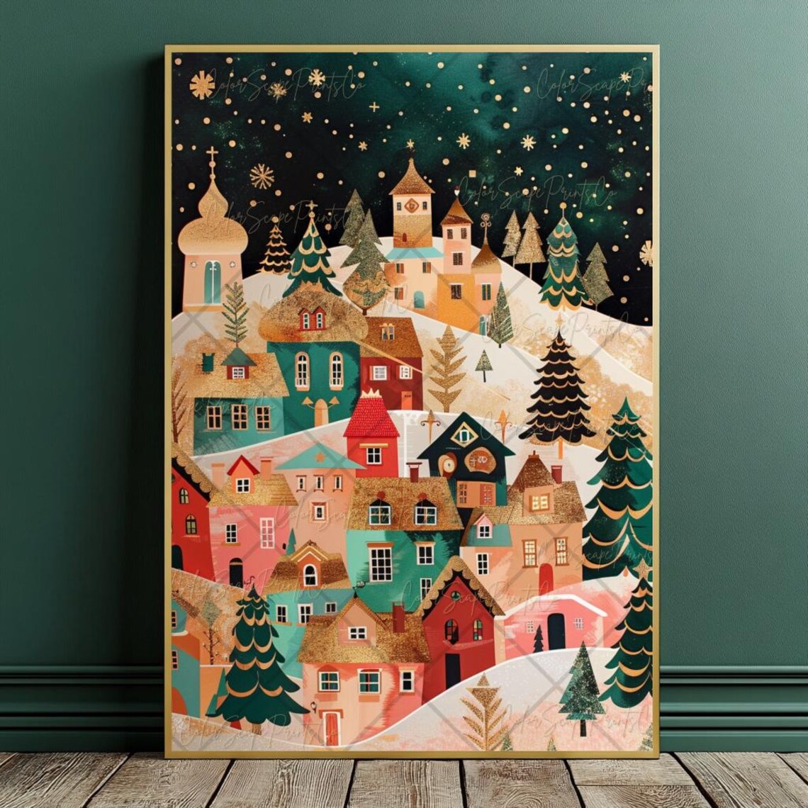 Whimsical Snowy Christmas Village Golden Night Sky Folk Art Poster - Image 2