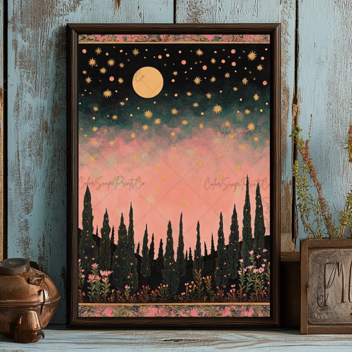 Golden Moon Stars Night Forest Pink Sky Celestial Poster Art - Image 2