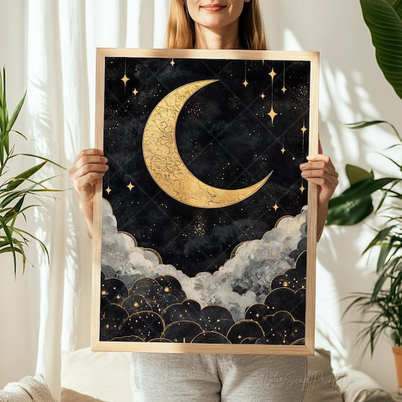 Vintage Celestial Crescent Moon Gold Stars Black Night Sky Art Poster