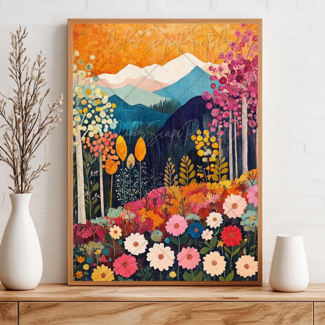 Colorful Wildflower Meadow Mountain Sunset Botanical Art Poster - Image 4