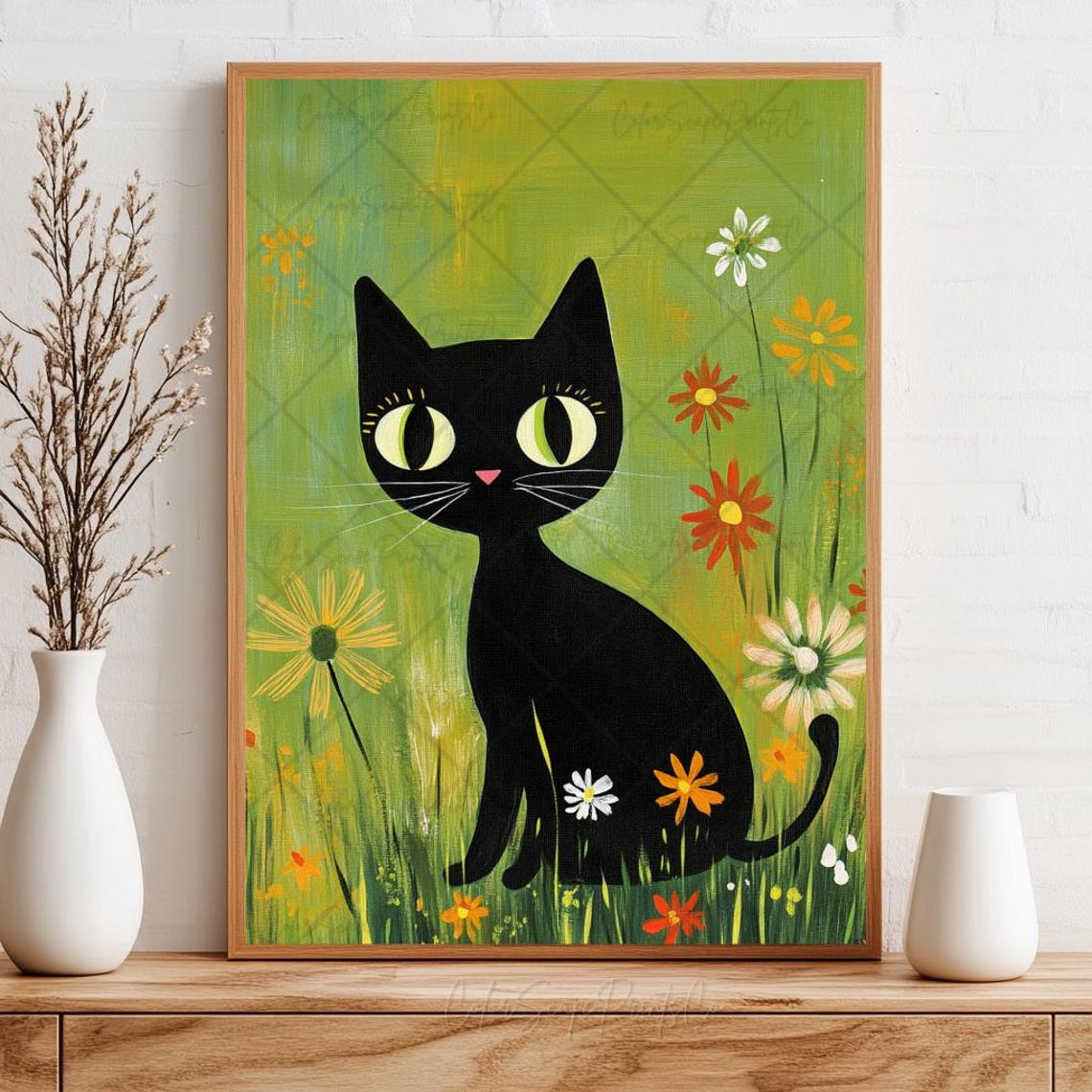 Adorable Black Cat Wildflower Meadow Whimsical Folk Poster Art - Image 3