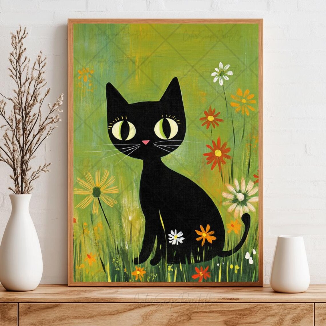 Flower Cat Painting Black Cat Print Garden Cat Print Cat In Garden Print Enchanted Garden Cat Floral Black Cat Nursery Art Cat Lover Present - Image 3
