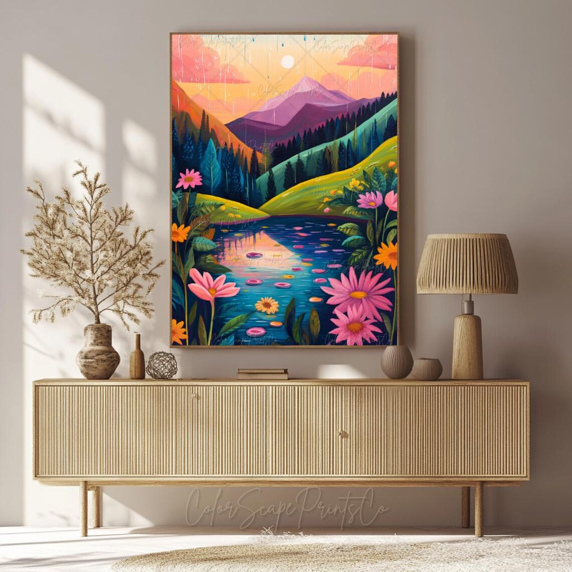 Rainy Mountain Lake Sunset with Wildflowers Colorful Landscape Poster - Image 2
