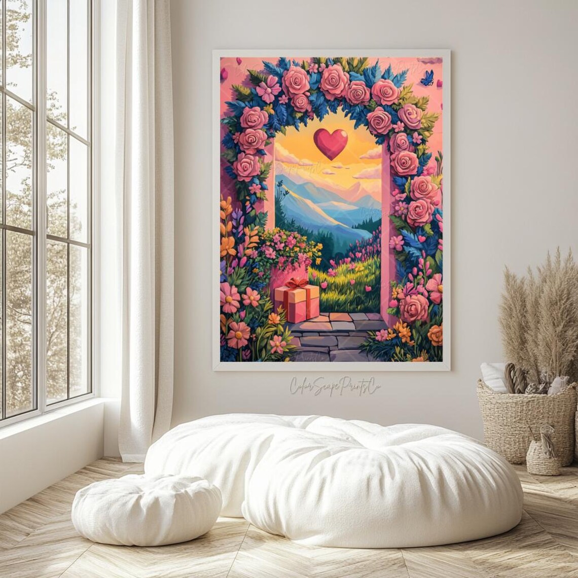 Valentine Floral Archway Painting Roses Heart Mountain Sunset Poster - Image 3