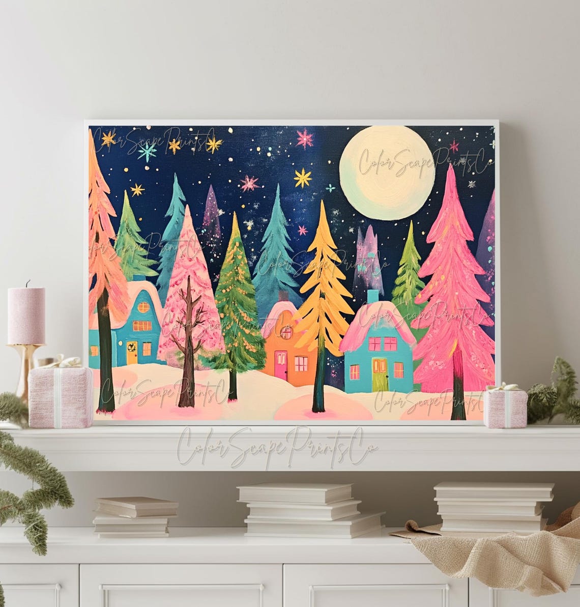 Whimsical Rainbow Christmas Trees Night Village Scene Poster