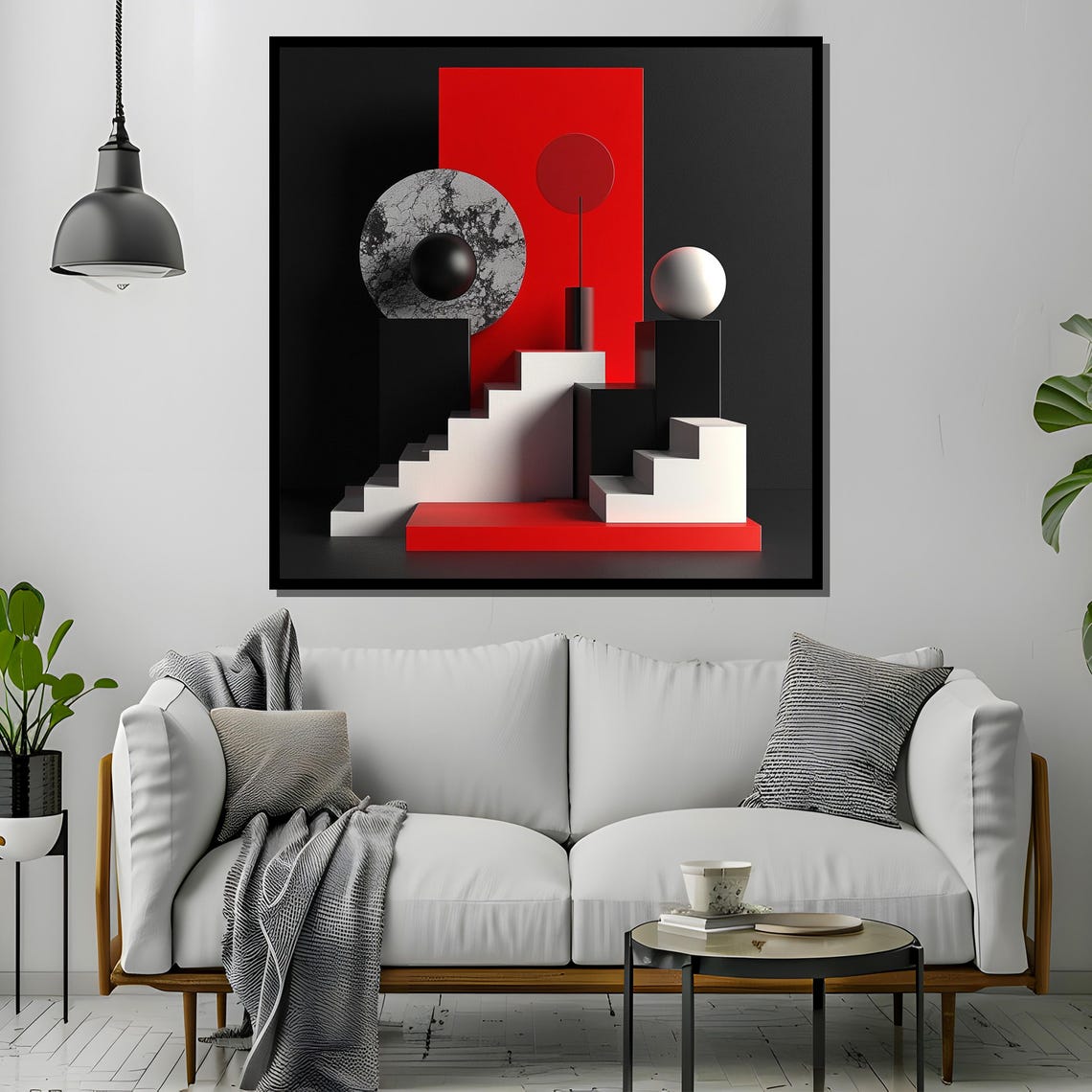 Black Red and White Geometric Stairs and Moon Abstract Poster - Image 4