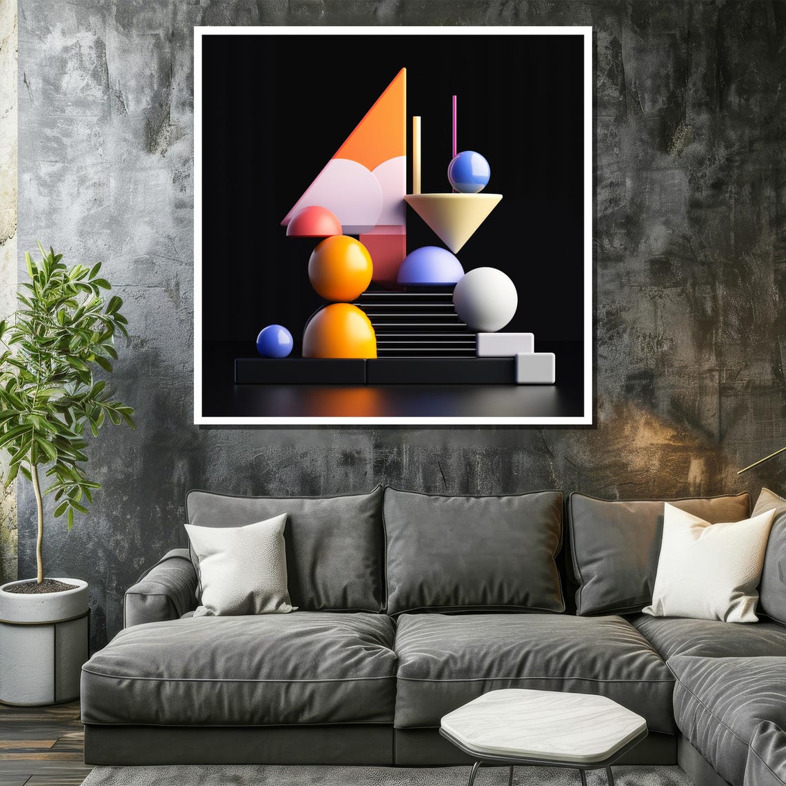 3D Geometric Abstract Spheres Cones on Black Background Poster - Image 2