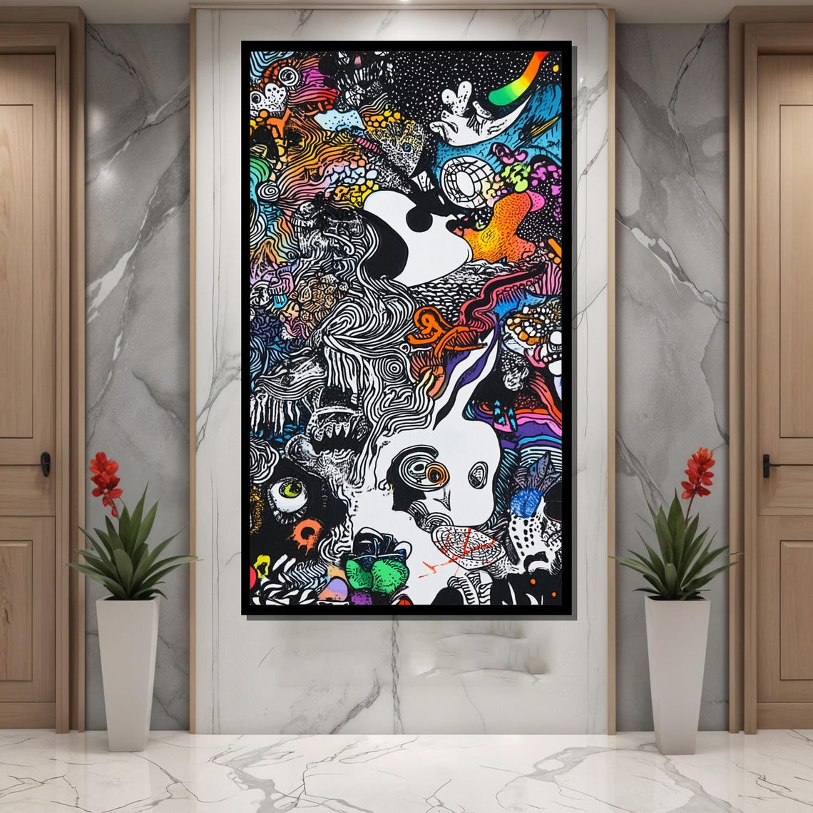 Abstract Surreal Doodle Painting Black And White Psychedelic Art Graffiti Wall Decor Intricate Modern Artwork Bold Statement Gift - Image 4