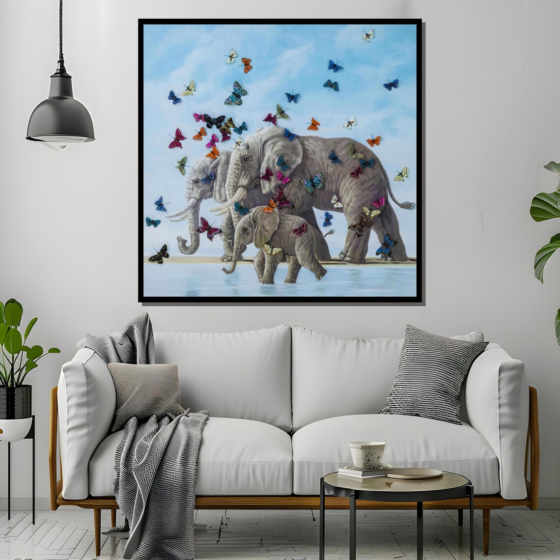 Elephant Family with Colorful Butterflies at Waters Edge Poster - Image 4