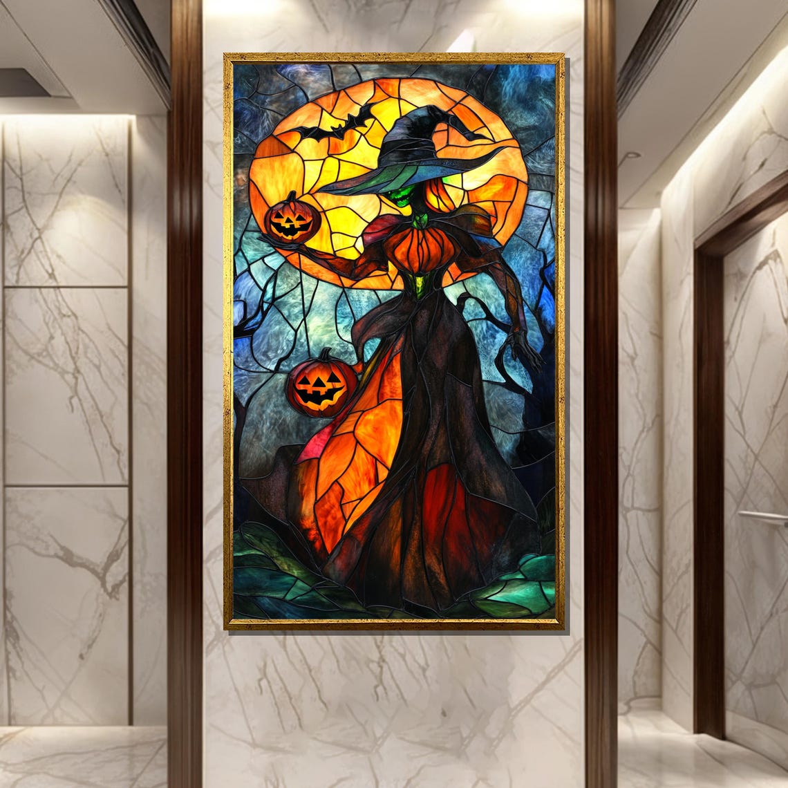 Stained Glass Halloween Witch With Pumpkin Moon Spooky Poster