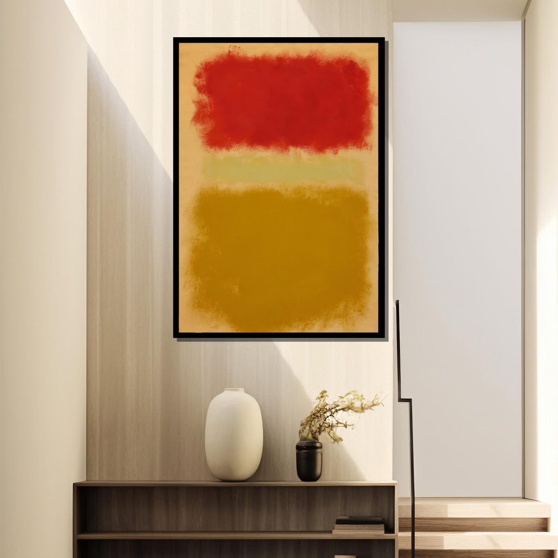 Vivid Red Floating Over Earthy Gold Abstract Color Field Poster - Image 4