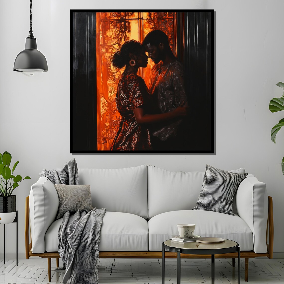 Couple Embrace in Doorway Against Fiery Orange Sunset Glow Poster - Image 4