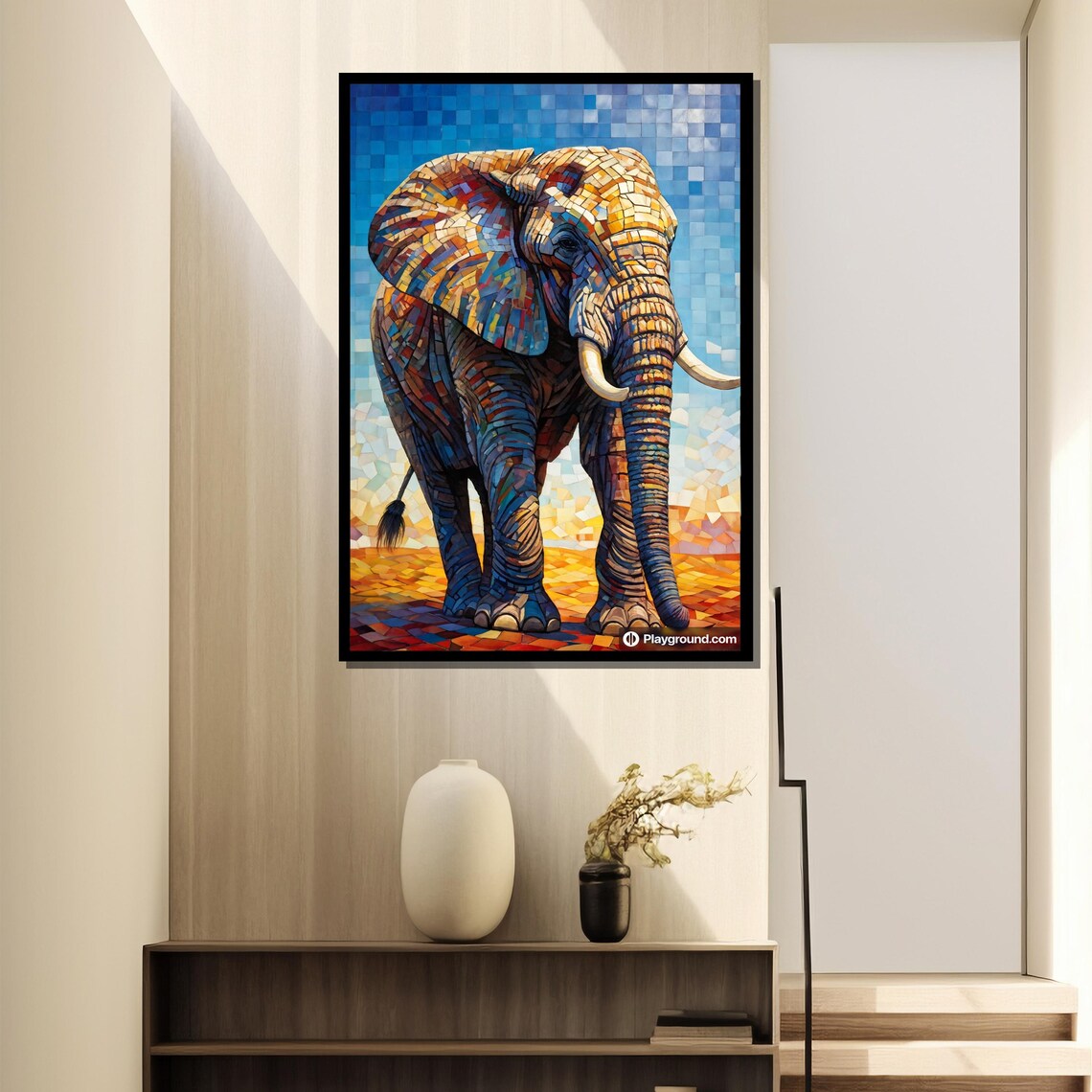 Mosaic Tile Elephant In Blue And Orange Stained Glass Style Art Poster - Image 4