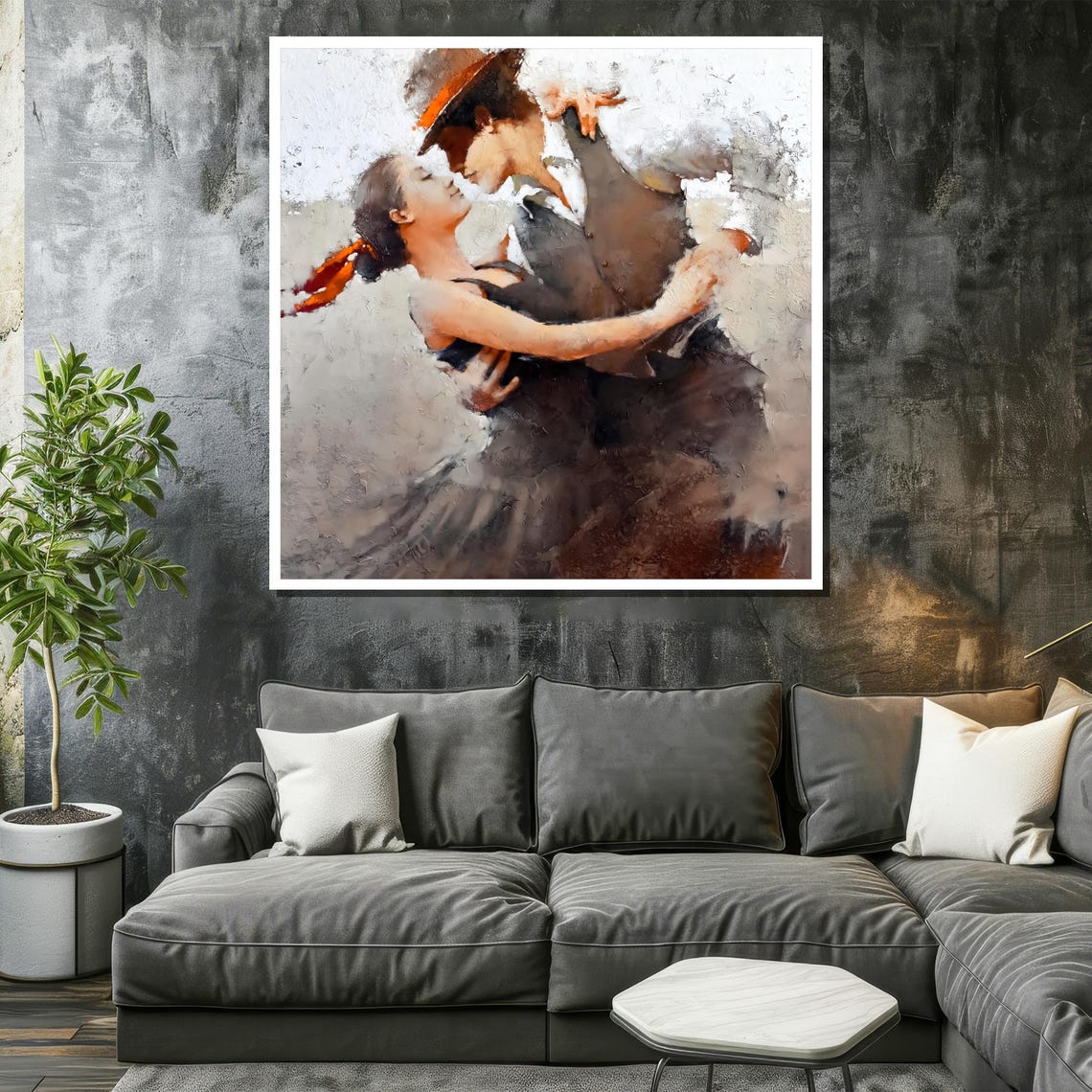Elegant Couple In Passionate Embrace Tango Dance Painting With Textured Brushstrokes Ideal Gift For Dance Lovers - Image 2